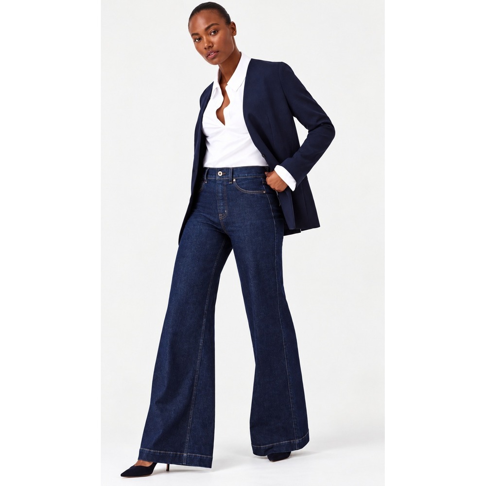 SPANX | EveryWear Pull-On High Rise Flare Jeans Raw Indigo Dark Wash | Sz L
